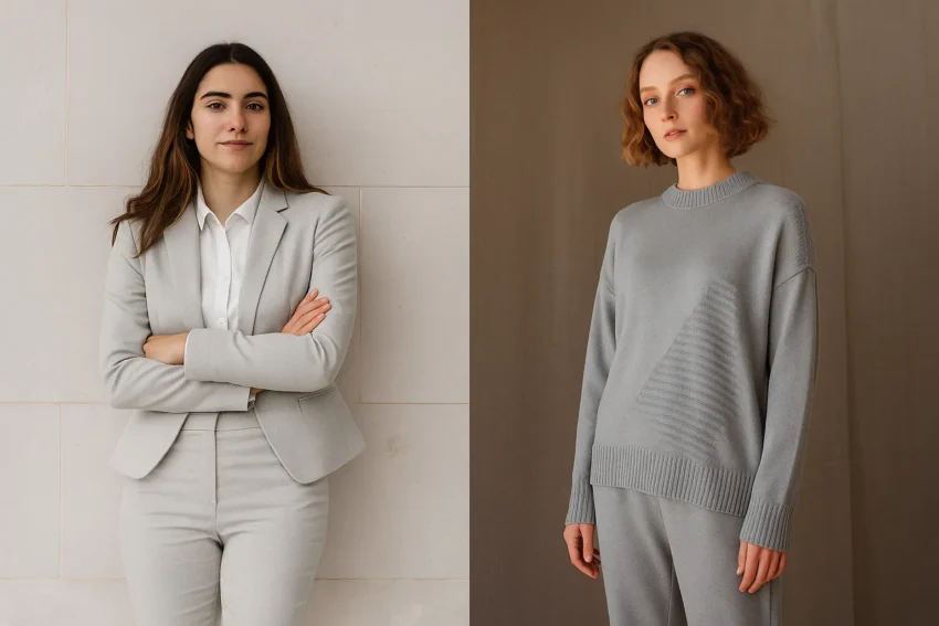 Deux très belles femmes tout de gris vétues, très tendance classique.