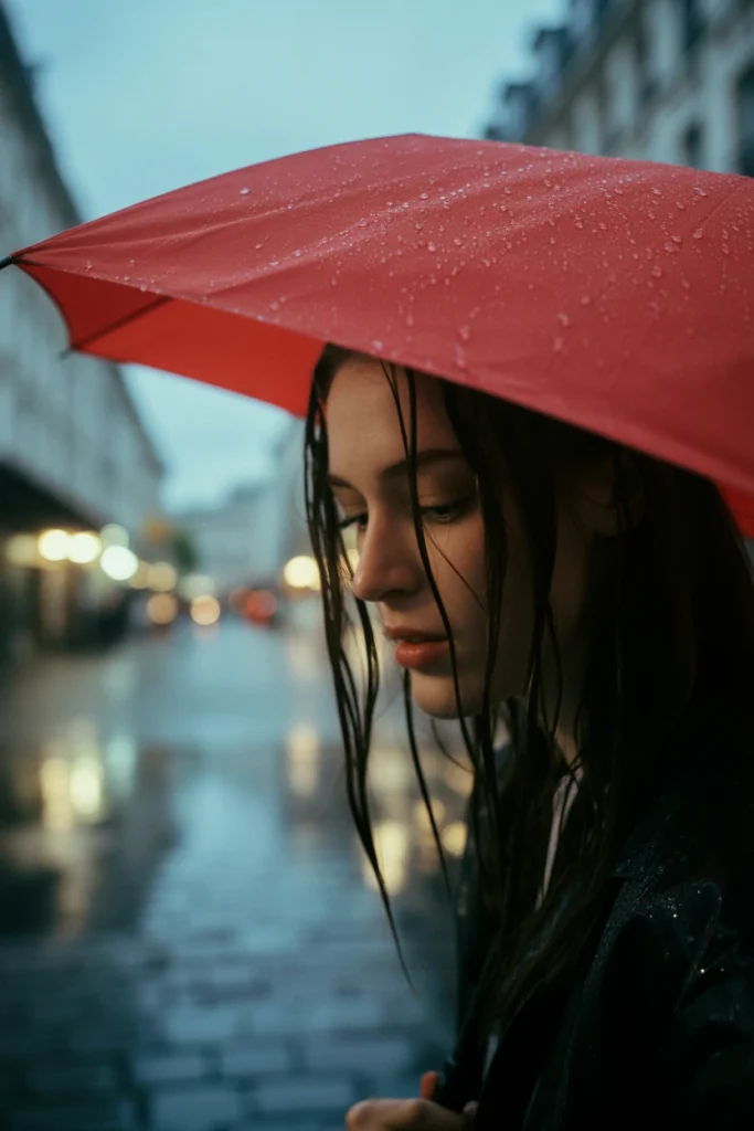 Jolie fille sous la pluie sous son parapluie rouge