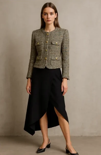 Et oui, le tailleur tweed et jupe asymétrique redeviendront tendance en 2026