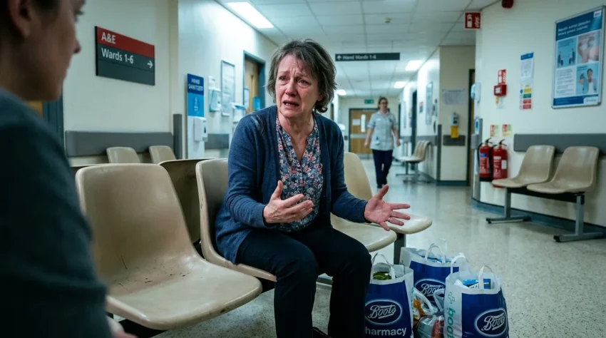Femme parlant dans une salle d'attente hospitalière.