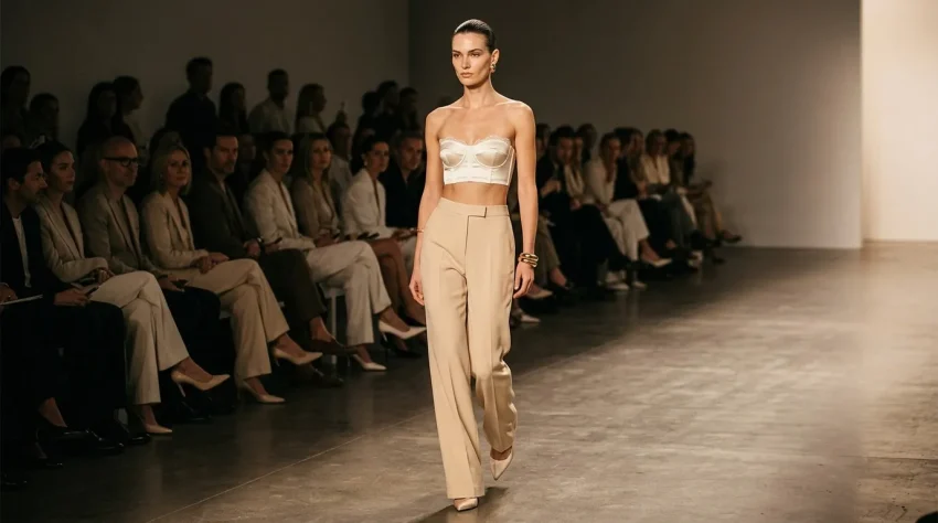 Mannequin vêtu d'un deux-pièces blanc et beige sur un podium