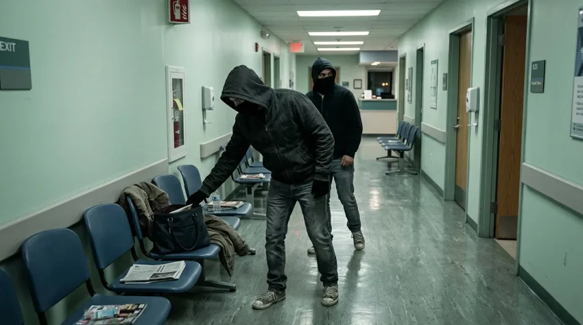 Deux hommes masqués en noir dans couloir médical vide