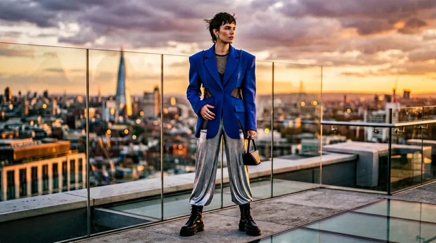 Femme en blazer bleu sur terrasse avec vue panoramique de la ville