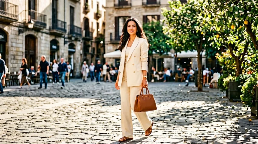 Femme en costume beige marche dans une piazza européenne ensoleillée