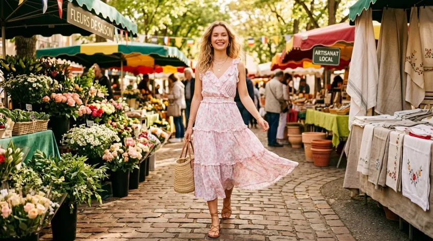 Femme souriante marchant dans un marché coloré de fleurs