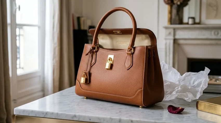 Sac à main marron cuir avec cadenas doré sur table marbre
