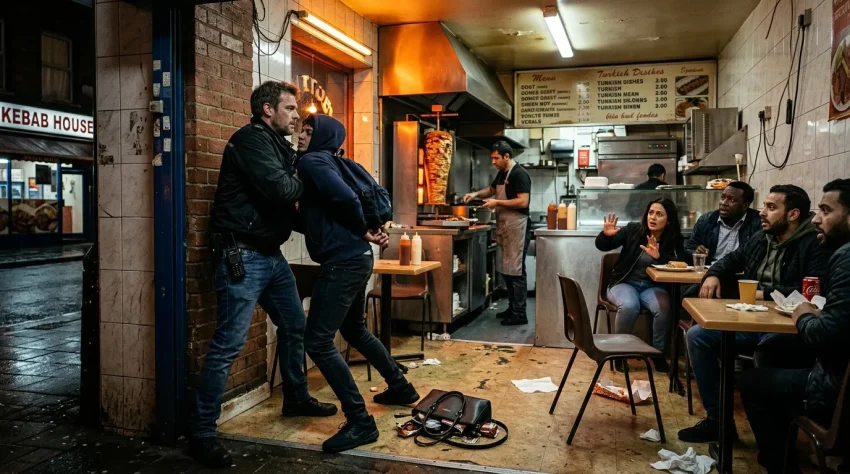 Deux hommes se disputent dans un petit restaurant turc bondé.