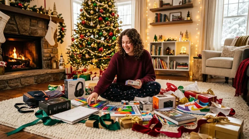 Femme souriante entourée de cadeaux dans un salon festif décorée