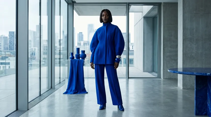 Femme en costume bleu dans un penthouse minimaliste avec vue urbaine