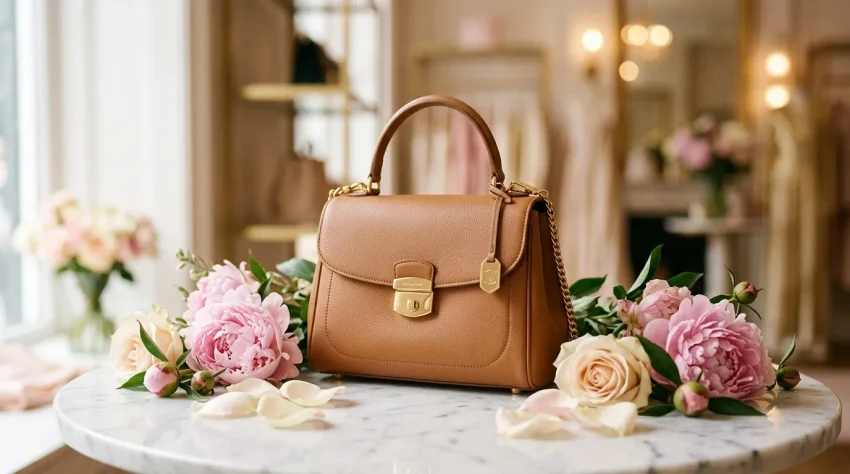 Sac cuir caramel avec fleurs roses sur table marbre