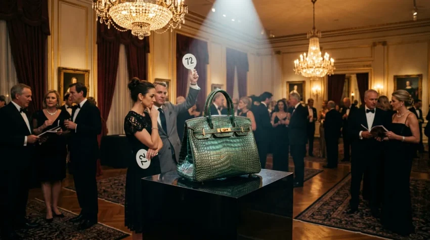 Sac à main crocodile vert lors d'une vente aux enchères de luxe
