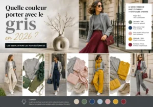 Looks gris associés au beige, rose poudré, bleu marine, vert sauge, bordeaux et moutarde