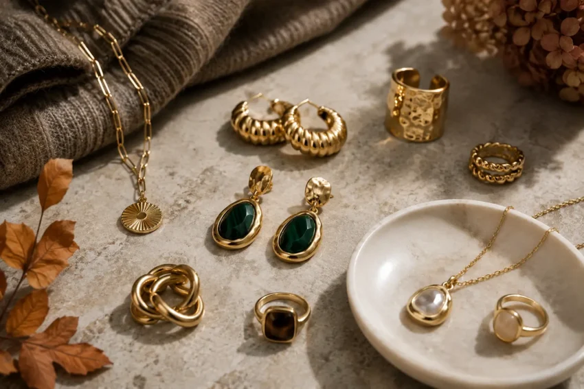 Sélection de bijoux dorés tendance pour femme avec bagues, colliers et boucles d’oreilles
