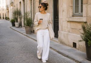 Femme portant une tenue de week-end décontractée avec pantalon blanc et pull beige