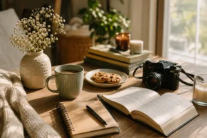 Moment de détente à la maison avec livre, café, carnet et appareil photo