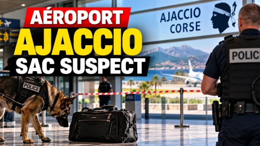 un chien policier inspecte un sac noir sur le sol d'un aéroport, près d'un agent en gilet