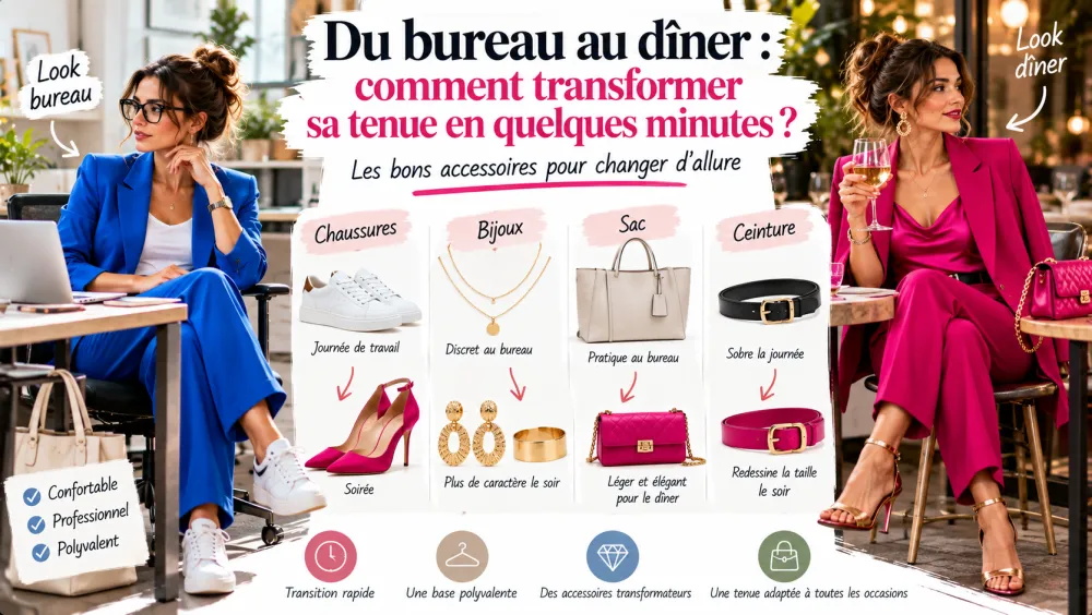 Du bureau au dîner : comment transformer sa tenue vestimentaire en quelques minutes ? 2 Deux femmes en costumes colorés assises à une table extérieure; au centre, une grande bannière affiche des accessoires mode.