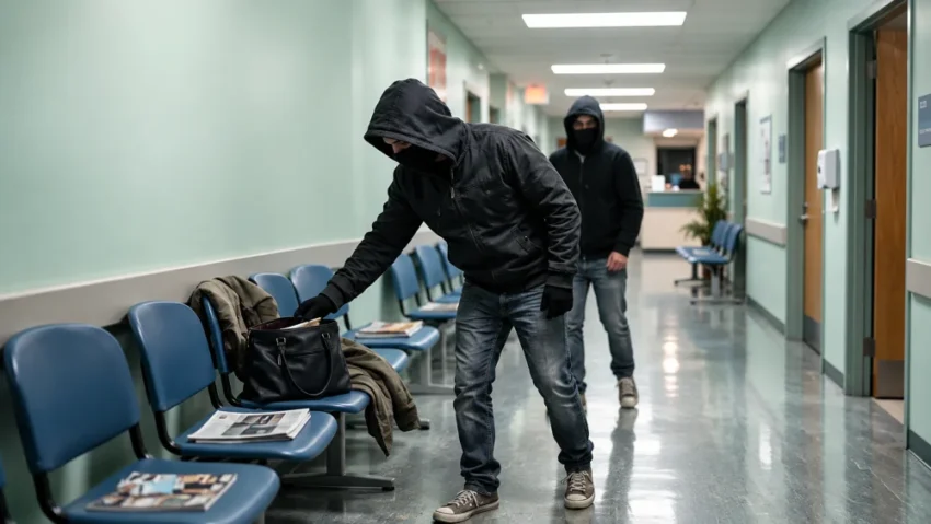 deux hommes en capuche et manteaux noirs dans couloir hopital; l un incline vers sac pose sur chaise bleue pendant que l autre observe