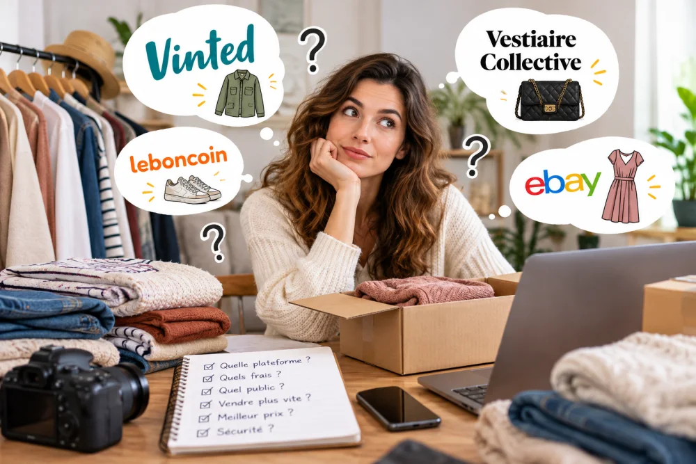 Femme assise devant un bureau, main sous le menton, entourée de vêtements sur cintres et d’un ordinateur, bulles de plateformes de vente.