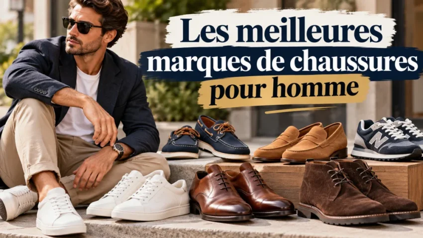 Homme portant veste sombre et lunettes de soleil assis à gauche, près d'une rangée variée de chaussures pour homme exposées.
