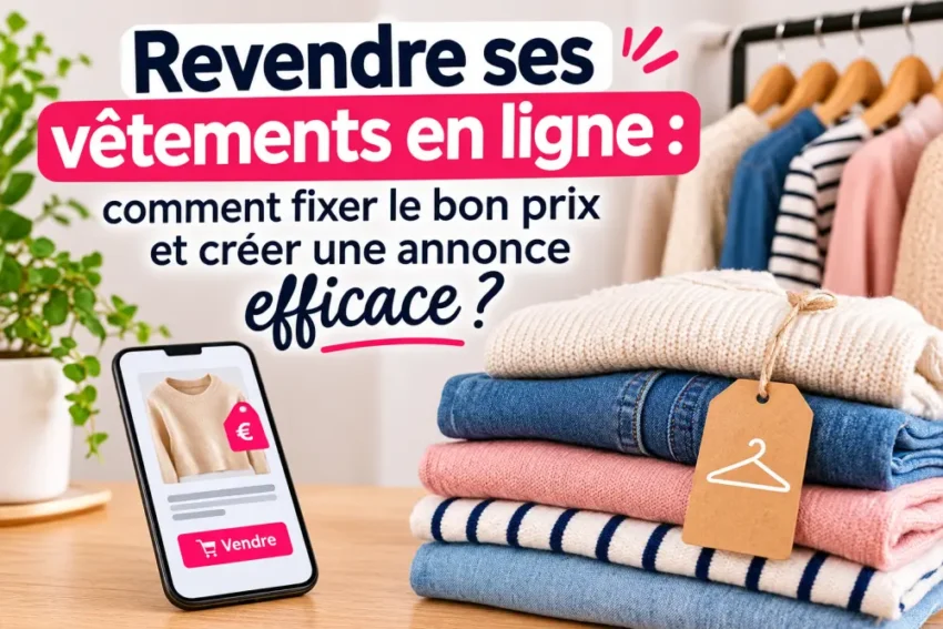 Affiche montrant une pile de pulls colorés et des vêtements sur penderie, un smartphone affichant une annonce et un texte en haut