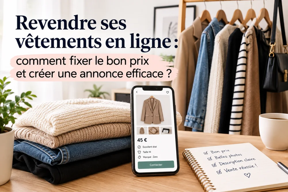 gros texte noir sur fond clair a gauche, pile de pulls et smartphone affichant une fiche produit au centre, penderie en arriere-plan
